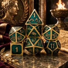 Dobbelst.Set Metaal Romeins Goud/Groen Tin doosje Dobbelst.Set Metaal Romeins Goud/Groen Tin doosje